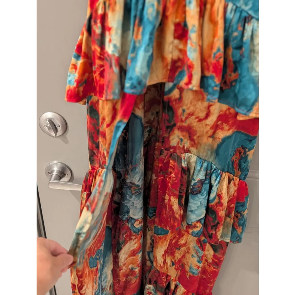 Women's NOVALUXE Small Red Blue Abstract Tiered Ruffle Maxi Dress - Picture 6 of 14